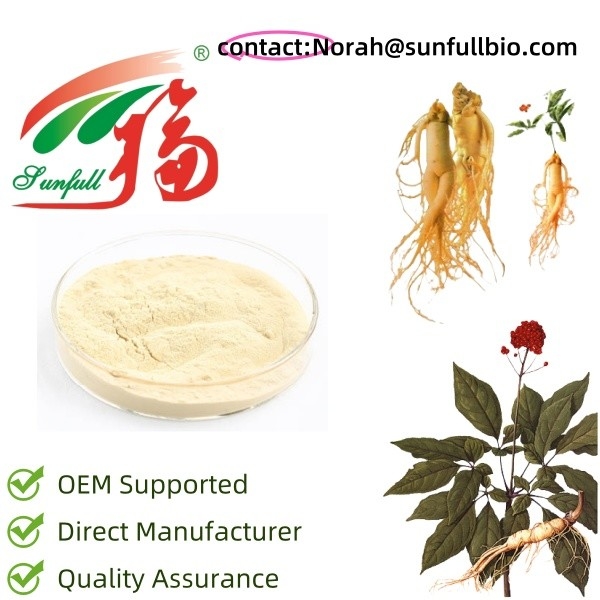 Ekstrakt z żeńsu Specyfikacja produktu 10~30% Ginsenozydy przez UV 15% 20% Ginsenozydy przez HPLC 80% Ginsenozydy przez UV ((Stem & Leaves)